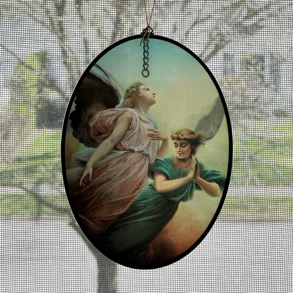 Vtg Sun Catcher Guardian Angel Glass Oval Brass Frame Window Hang Religion Faith